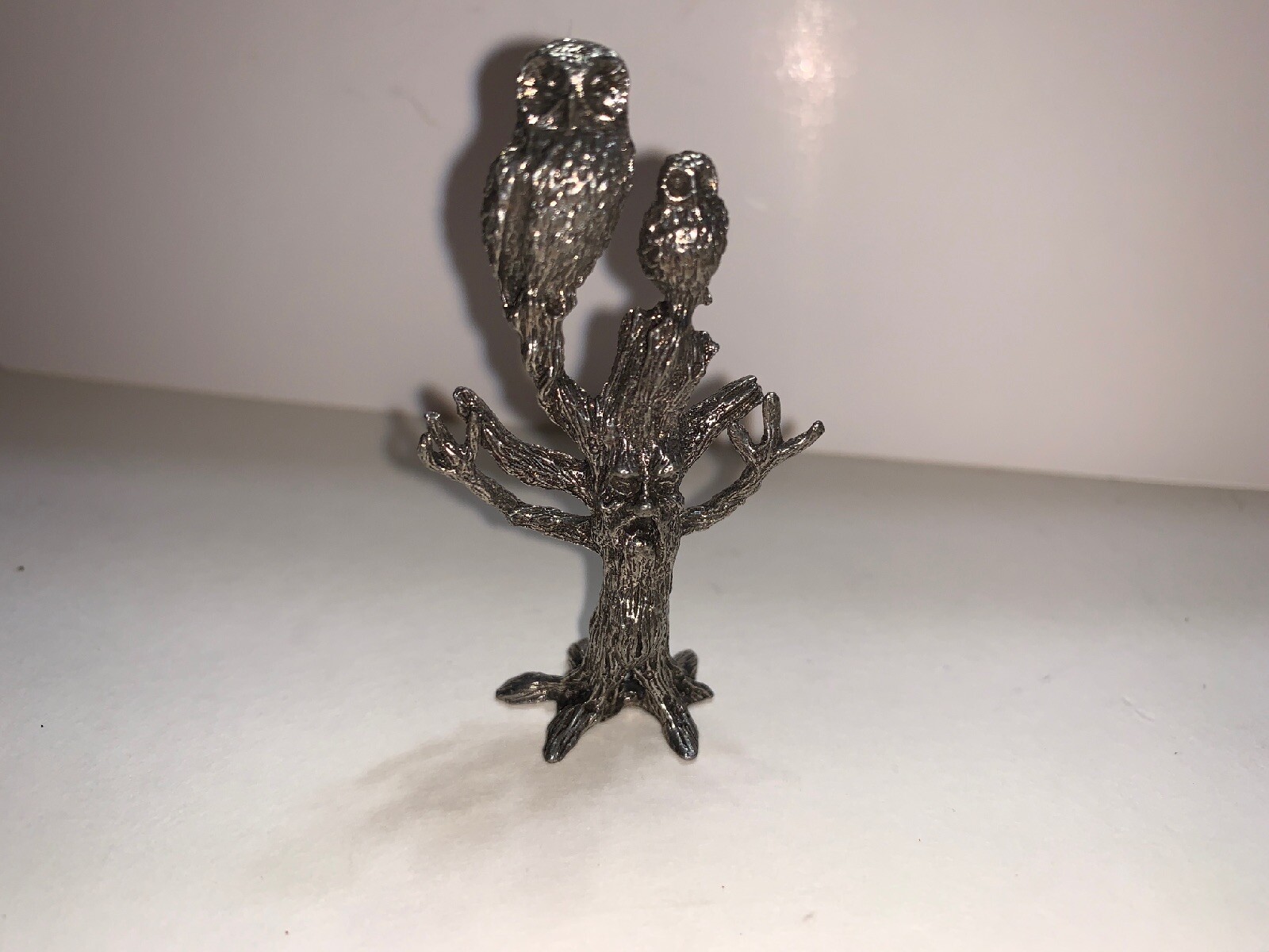 PEWTER FIGURINE OWL IN A TREE WITH A FACE SIGNED LEE