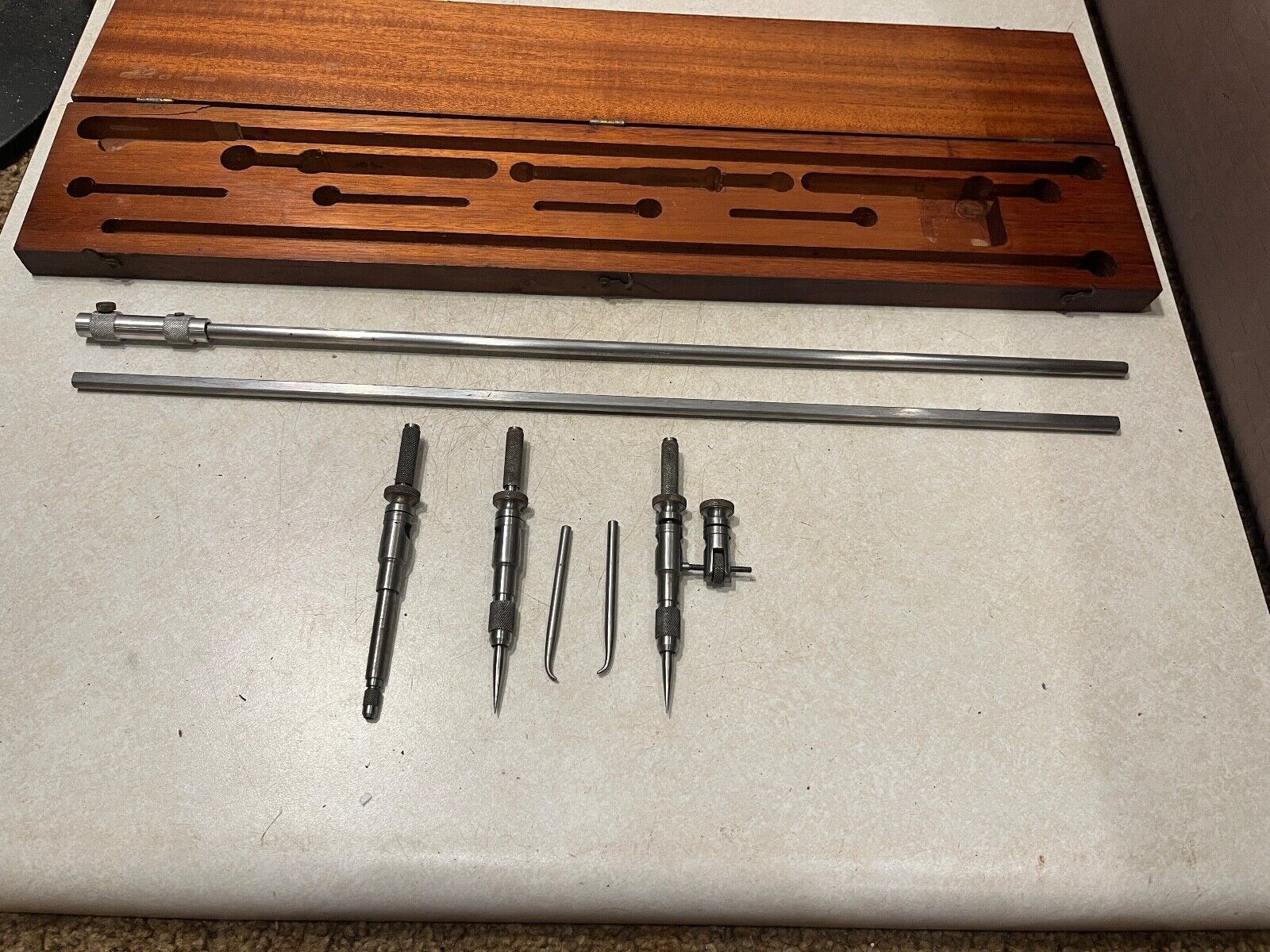 Vintage BROWN & SHARPE Steel Beam Compass Set Machinist Trammel Points Case 845