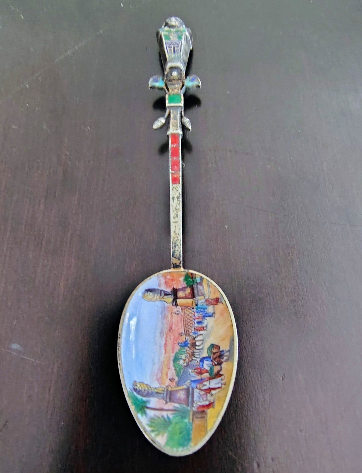 Magnificent mechanical enamel silver spoon from early 20th century Egypt revival