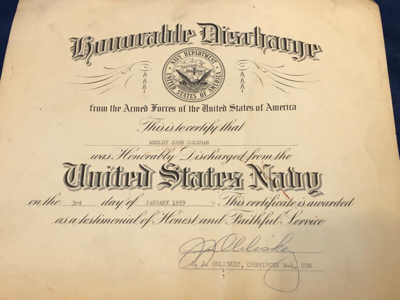 Vintage 1959 U.S. NAVY Honorable Discharge Certificate See pics
