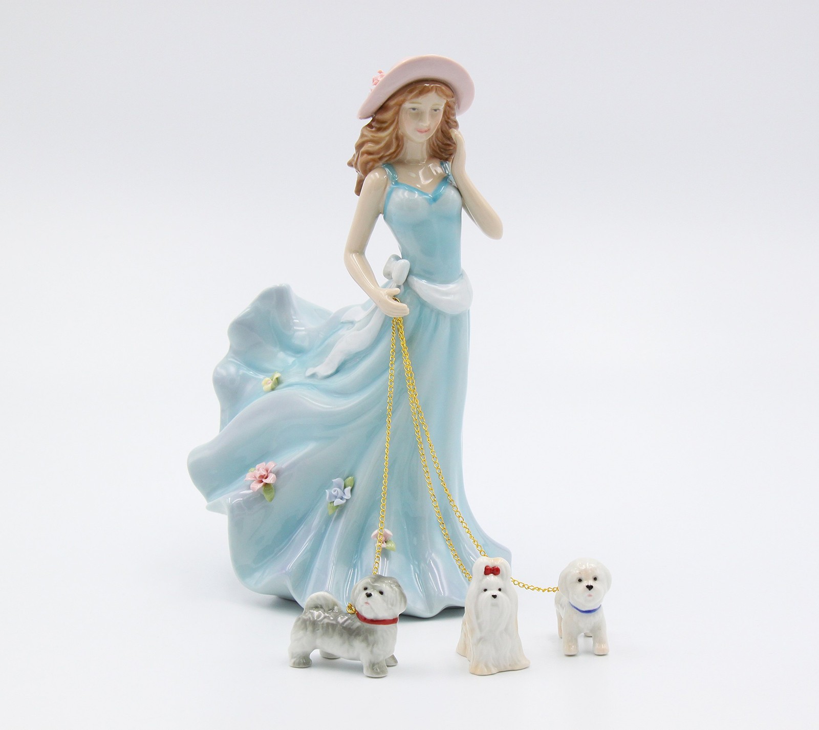 Cosmos Gifts Porcelain Lady Walking Dogs Blue 5\ Cosmos Gifts Porcelain Lady Walking Dogs Blue 5\