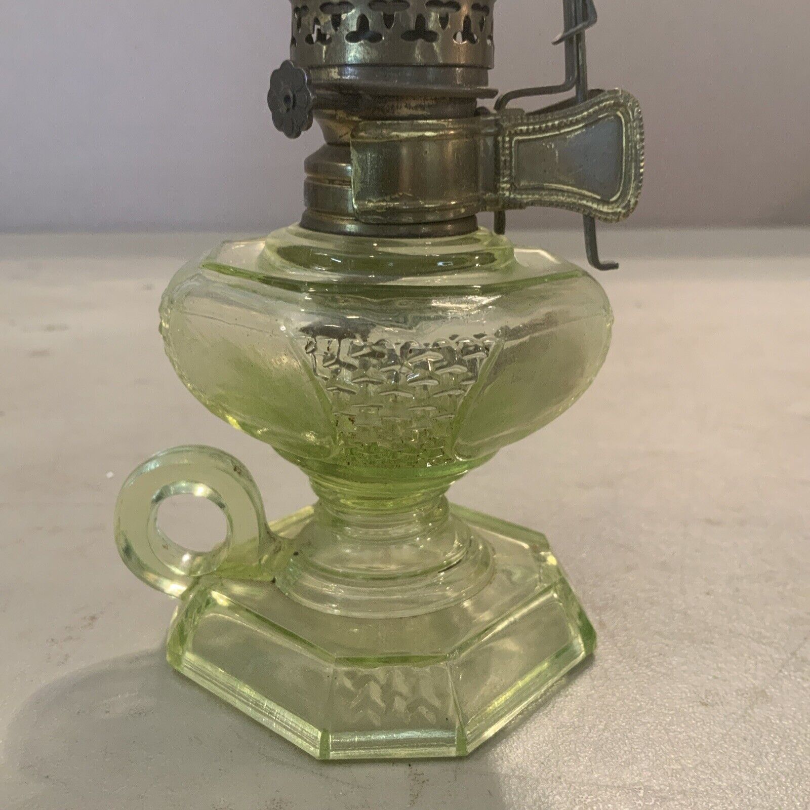 Vintage Antique Yellow Uranium Vaseline Glass Mini Oil Finger Lamp & Chimney