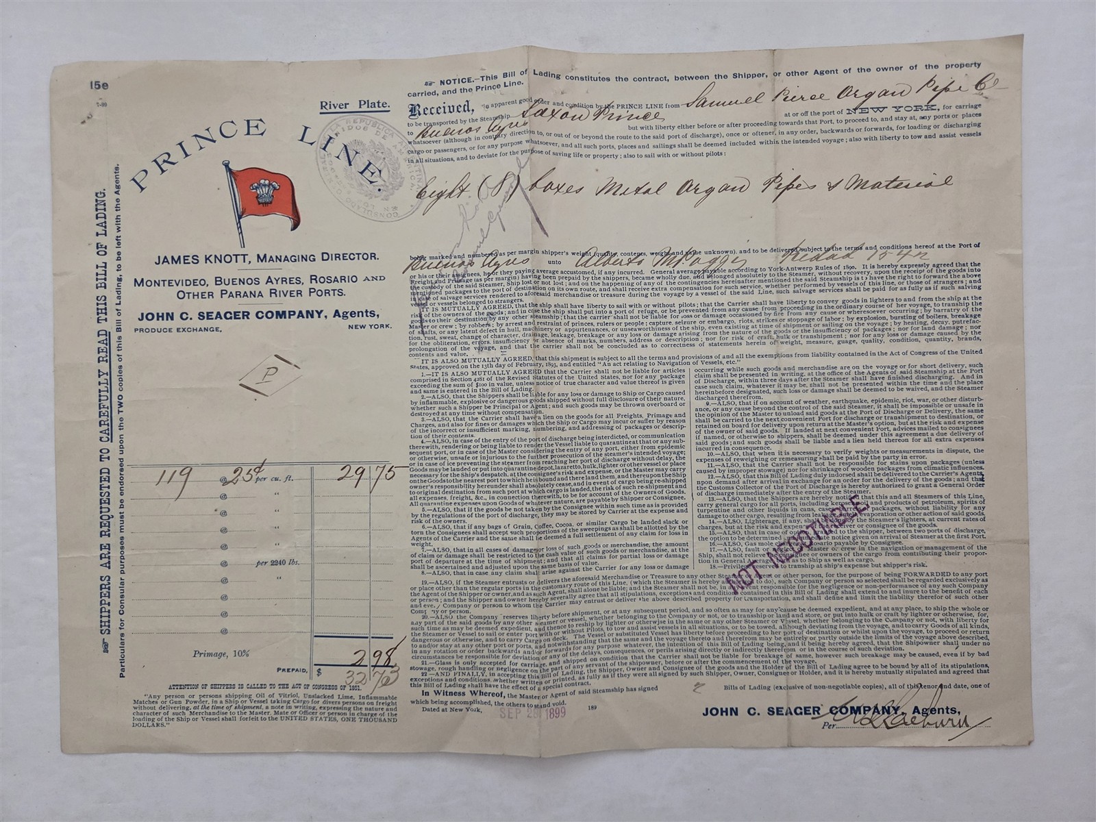 1899 antique PRINCE LINE BILL LADING Steamer SAXON SHIP SAM\'L PIERCE ORGAN PIPES