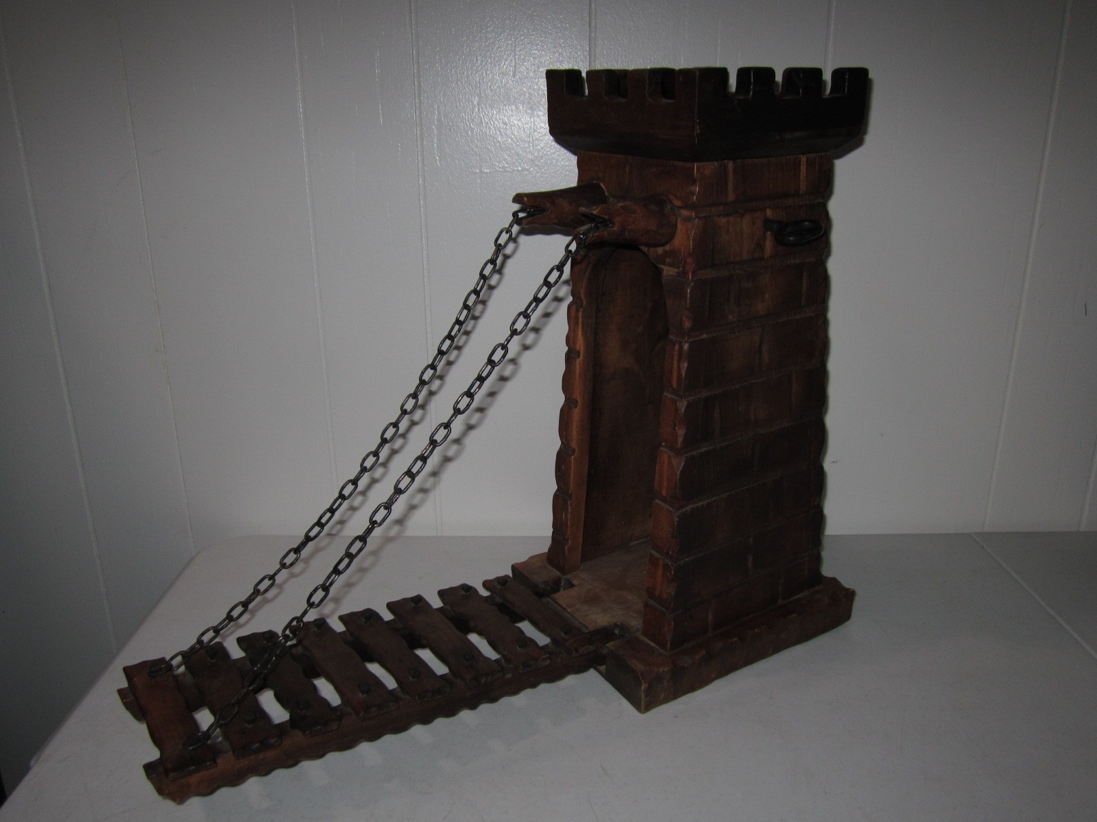 Vintage Medieval Castle Tower Drawbridge Crank 17x21 Bookends Wood Gothic Decor