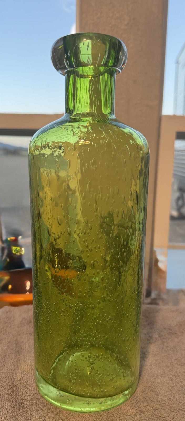 Vintage mid century green glass Bubble Bottle Vase 11.5\