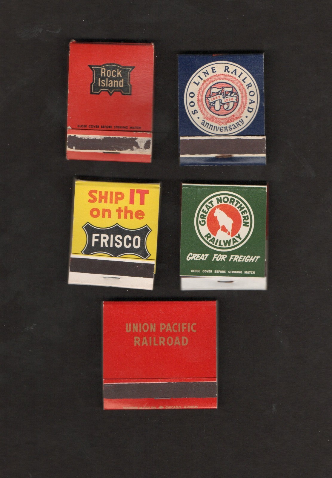 5 Vintage Railroad Matchbooks Rock Island Soo Frisco Great Northern Union Pac