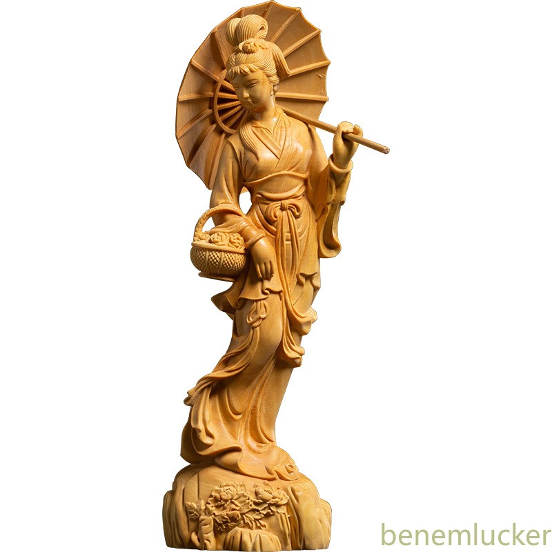 20cm Chinese Boxwood Hand-carved Beauty Character Ornament Retro Home Decoration