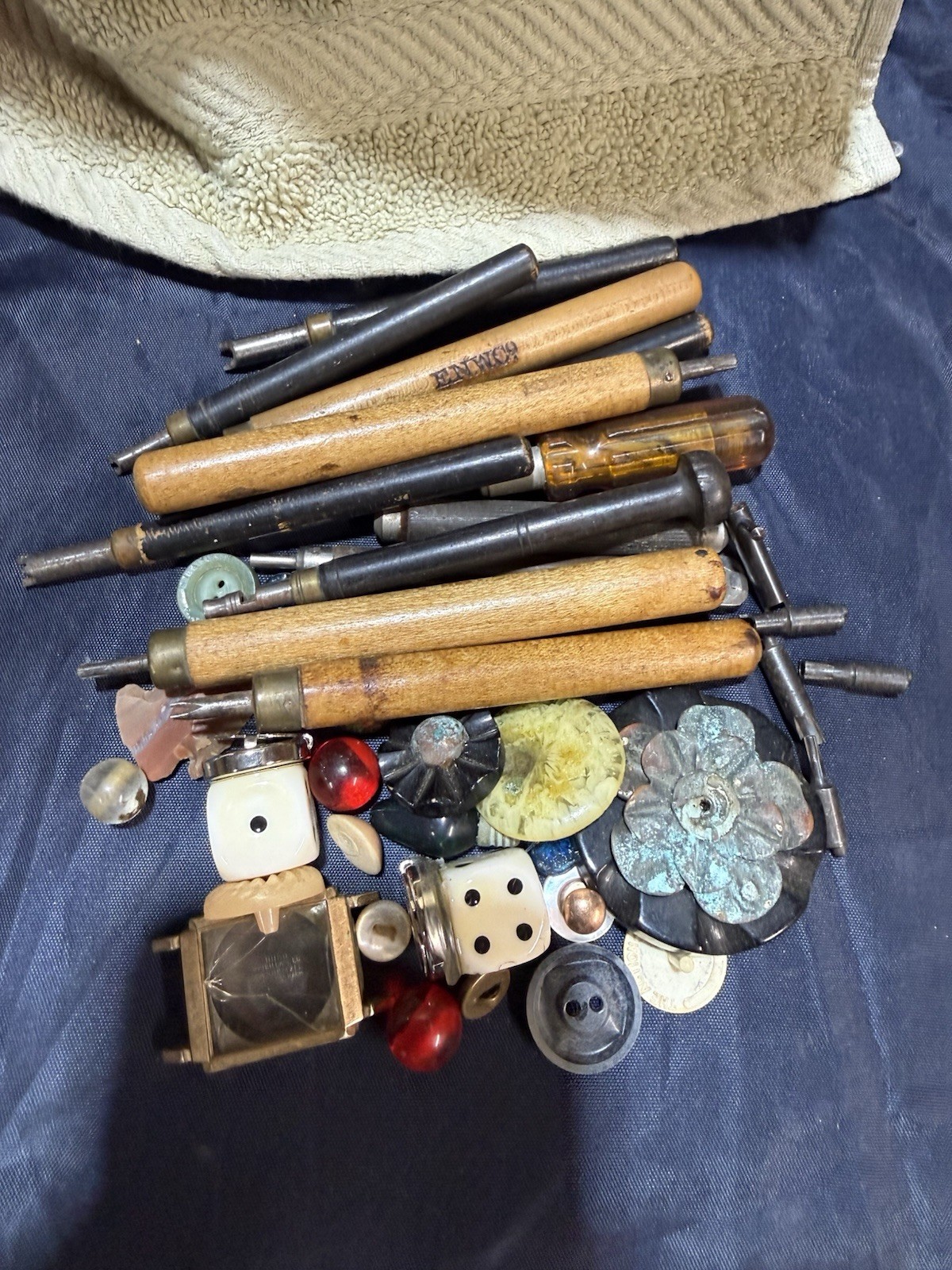 Vintage Junk Drawer Lot Wood Handle Tools Punches Buttons Dice Estate Finds
