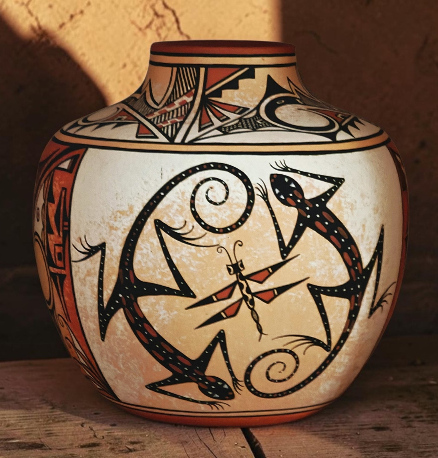 VTG Zuni Pottery Olla Jar Deldrick Lorenda Cellicion LIZARD DRAGONFLY Polychrome VTG Zuni Pottery Olla Jar Deldrick Lorenda Cellicion LIZARD DRAGONFLY Polychrome