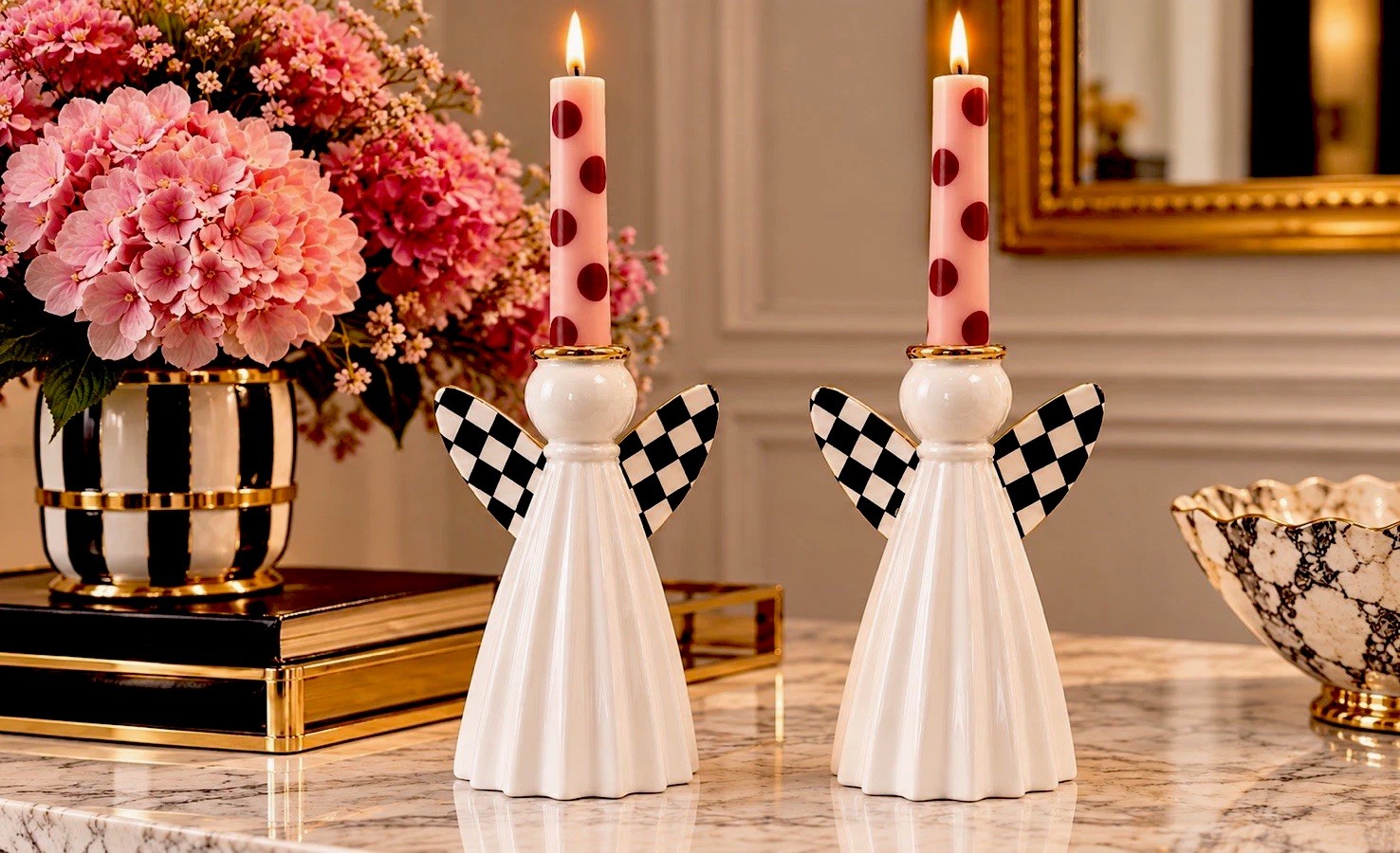 U GET 2 🥳 MACKENZIE CHILDS 🕯️Tall Courtly Check Angel CandleHolders Wings Set
