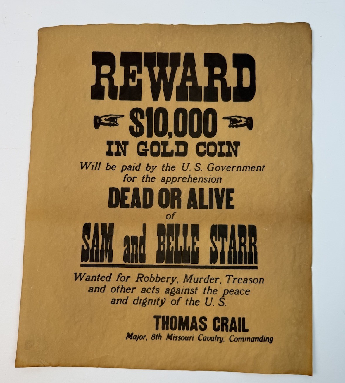 Sam & Belle Starr $10,000 Reward Poster Reproduction Parchment Paper 14x 11”