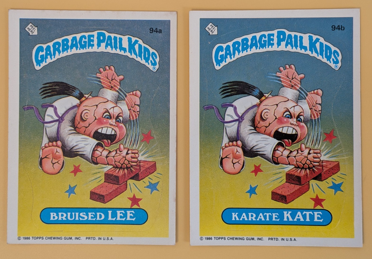 MULTI-ERROR Twin Set 1986 Garbage Pail Kids Bruised Lee #94a Karate Kate #94b