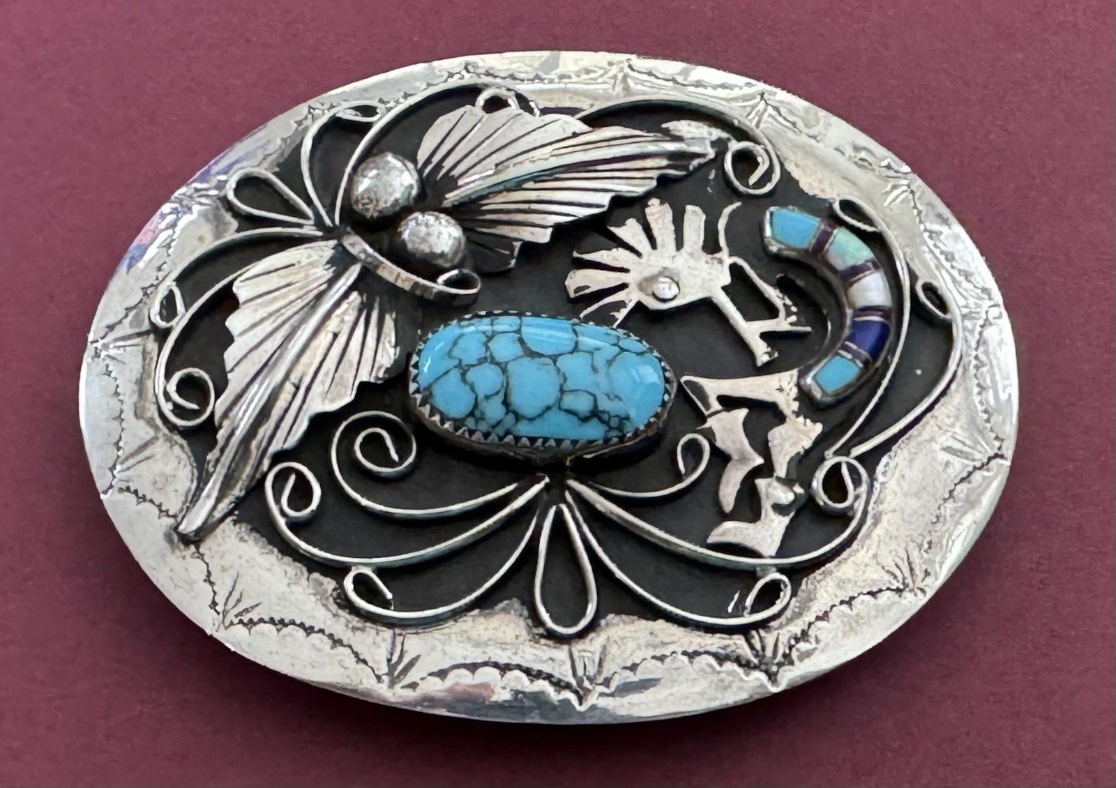 VTG Native American Signed BT Sterling Silver & Turquoise KOKOPELLI  Belt Buckle