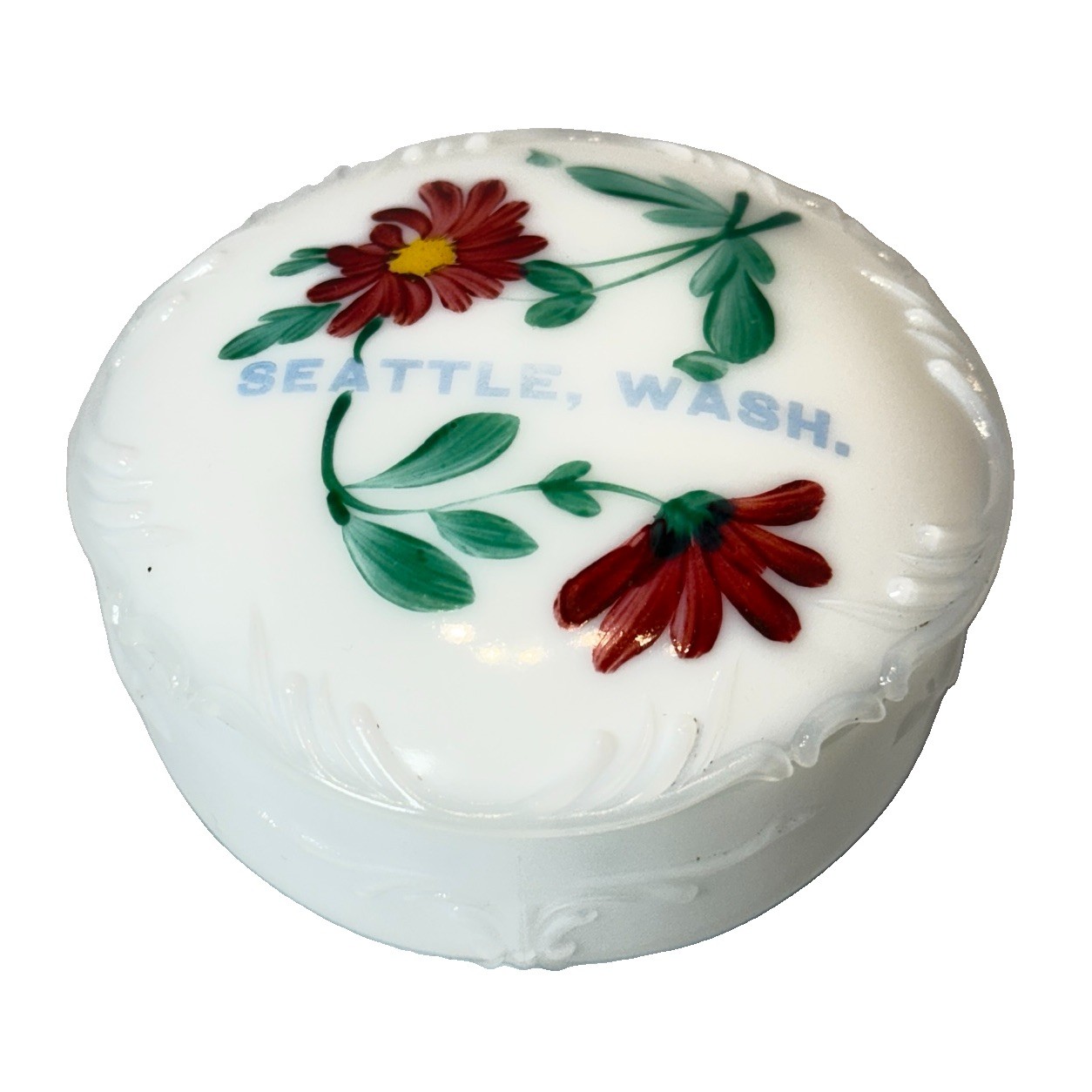 SEATTLE WA WASHINGTON Antique DEPRESSION MILK WHITE Glass Souvenir TRINKET BOX SEATTLE WA WASHINGTON Antique DEPRESSION MILK WHITE Glass Souvenir TRINKET BOX