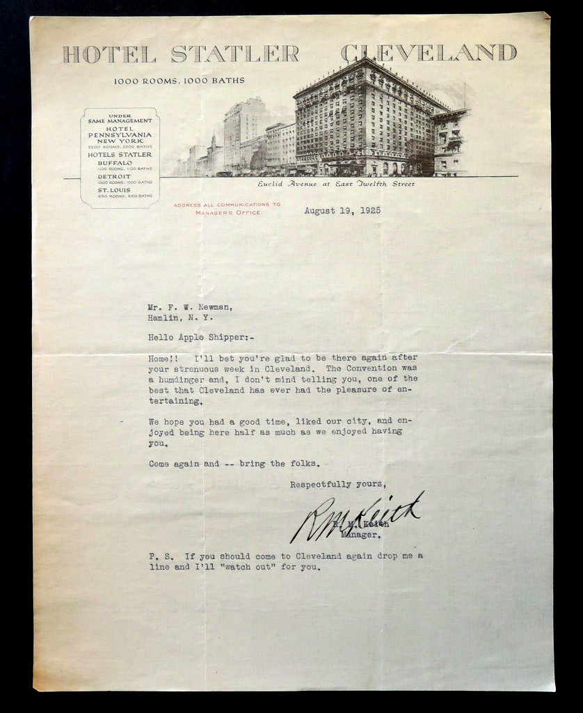 Original Vintage 1925 Letterhead HOTEL STATLER CLEVELAND Apple Convention Letter