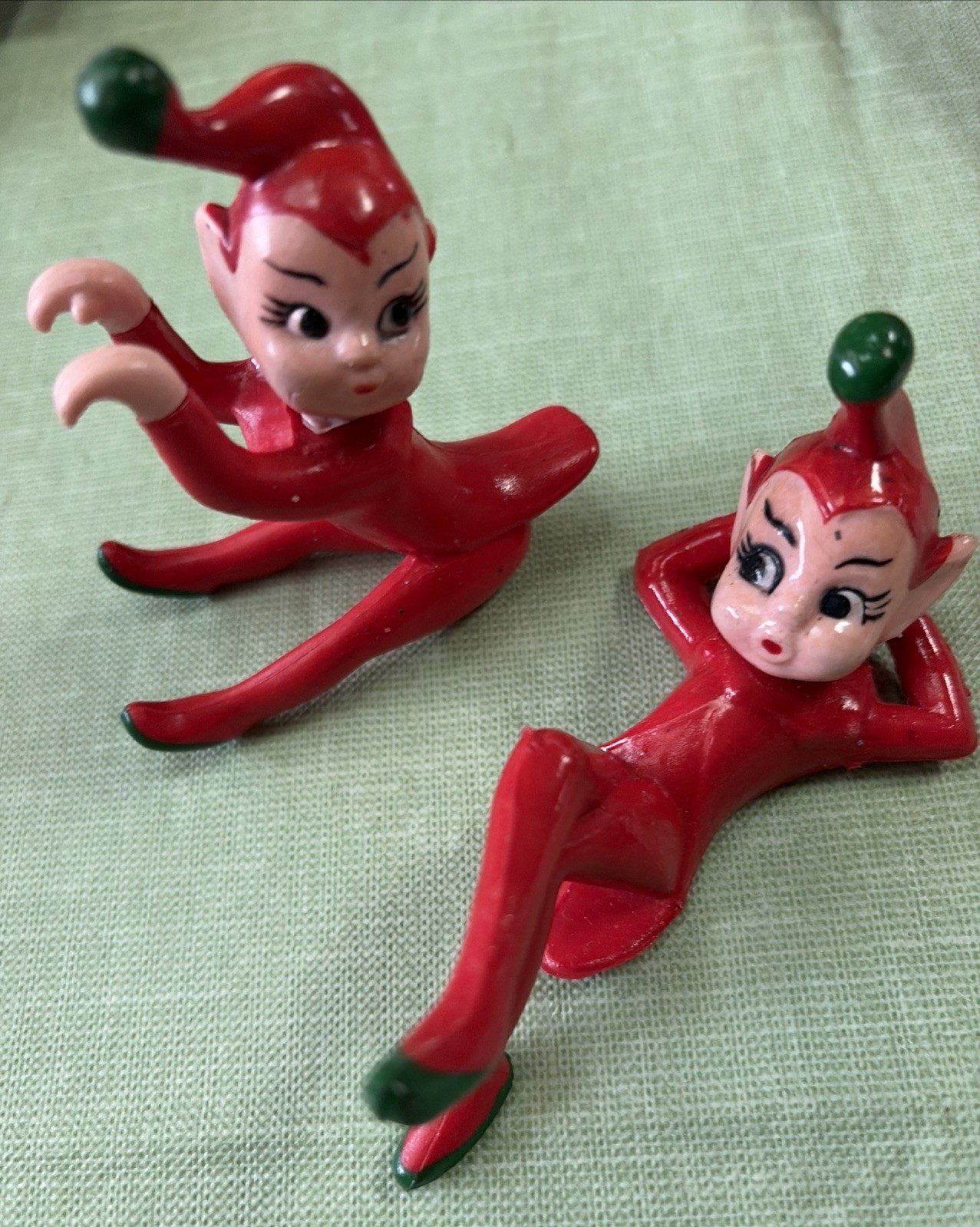 Vintage 2 Kitschy Mid Century Elf Figure Plastic Ornament Pixie Christmas 1950\'s Vintage 2 Kitschy Mid Century Elf Figure Plastic Ornament Pixie Christmas 1950\'s