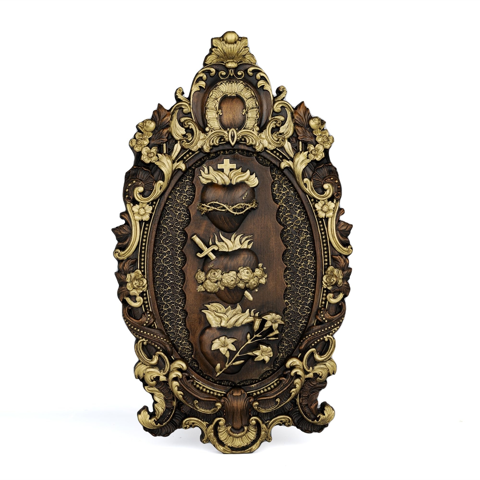 Three Sacred Hearts Wall Decor Plaque Religious Handmade Holy Family Wooden W...