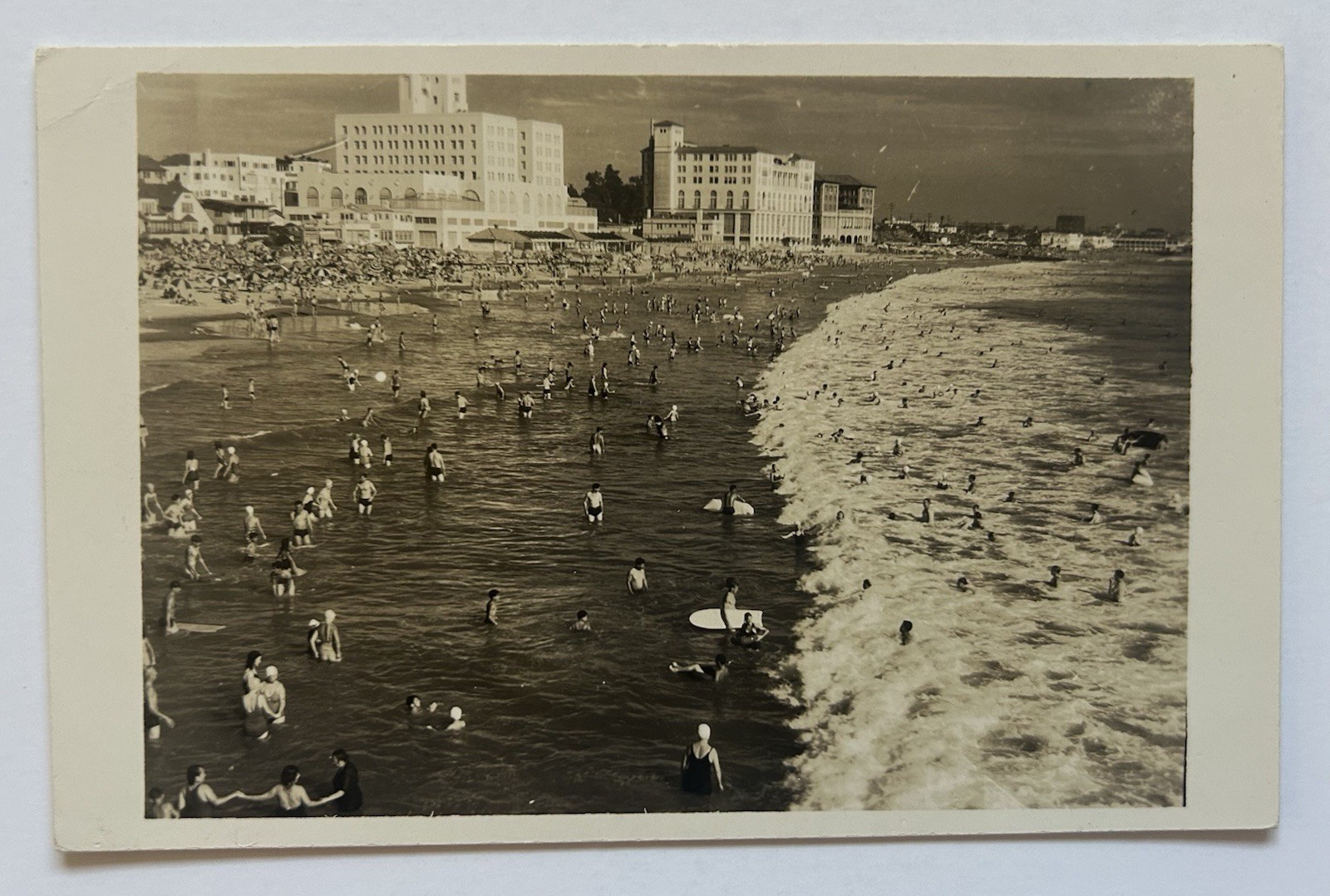 Crowded Beach Scene Santa Monica CA Bathers Surf Vintage Photo Postcard RPPC A14