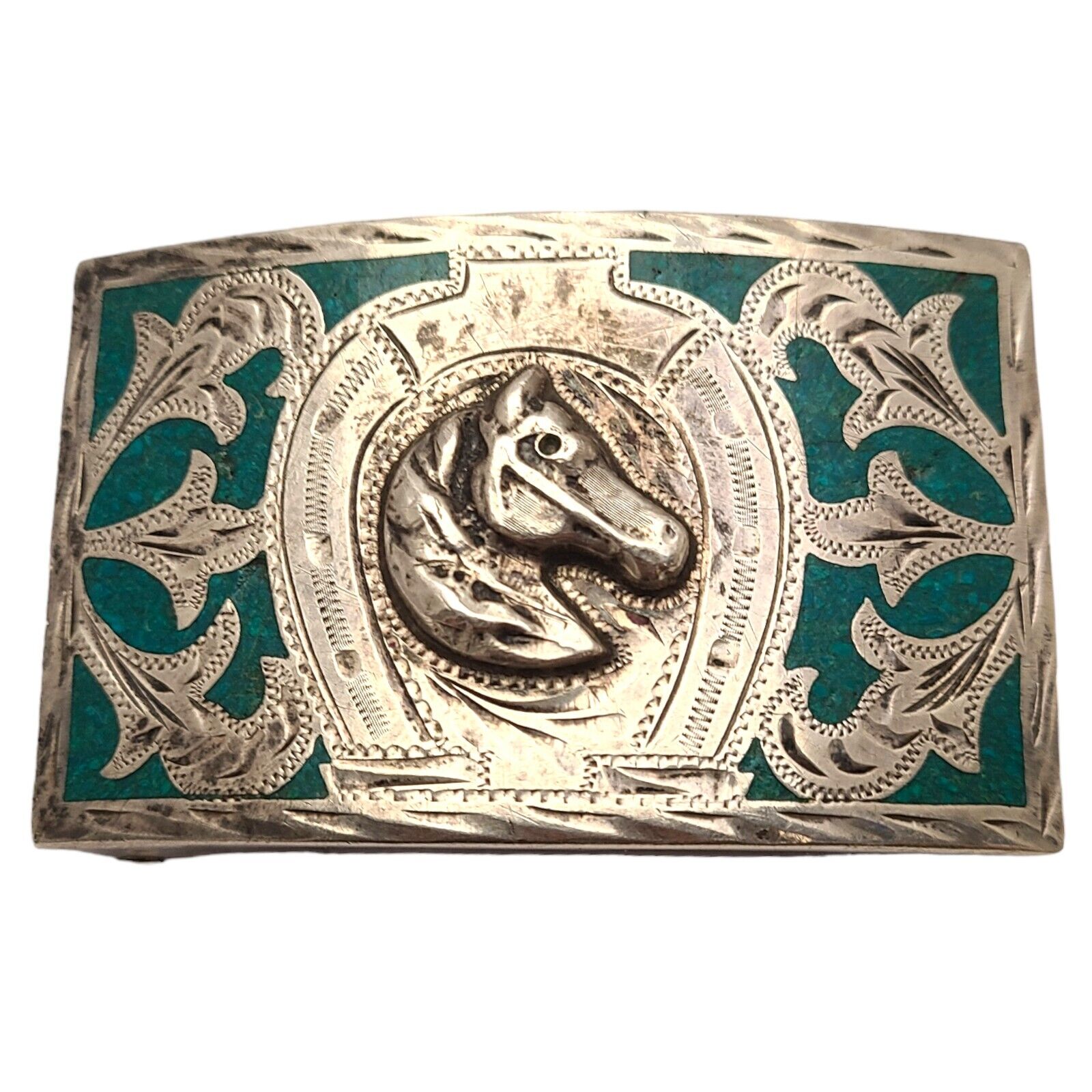 Plata De Jalisco Mex huge Sterling Silver horsecrushed turquoise inlaid Buckle