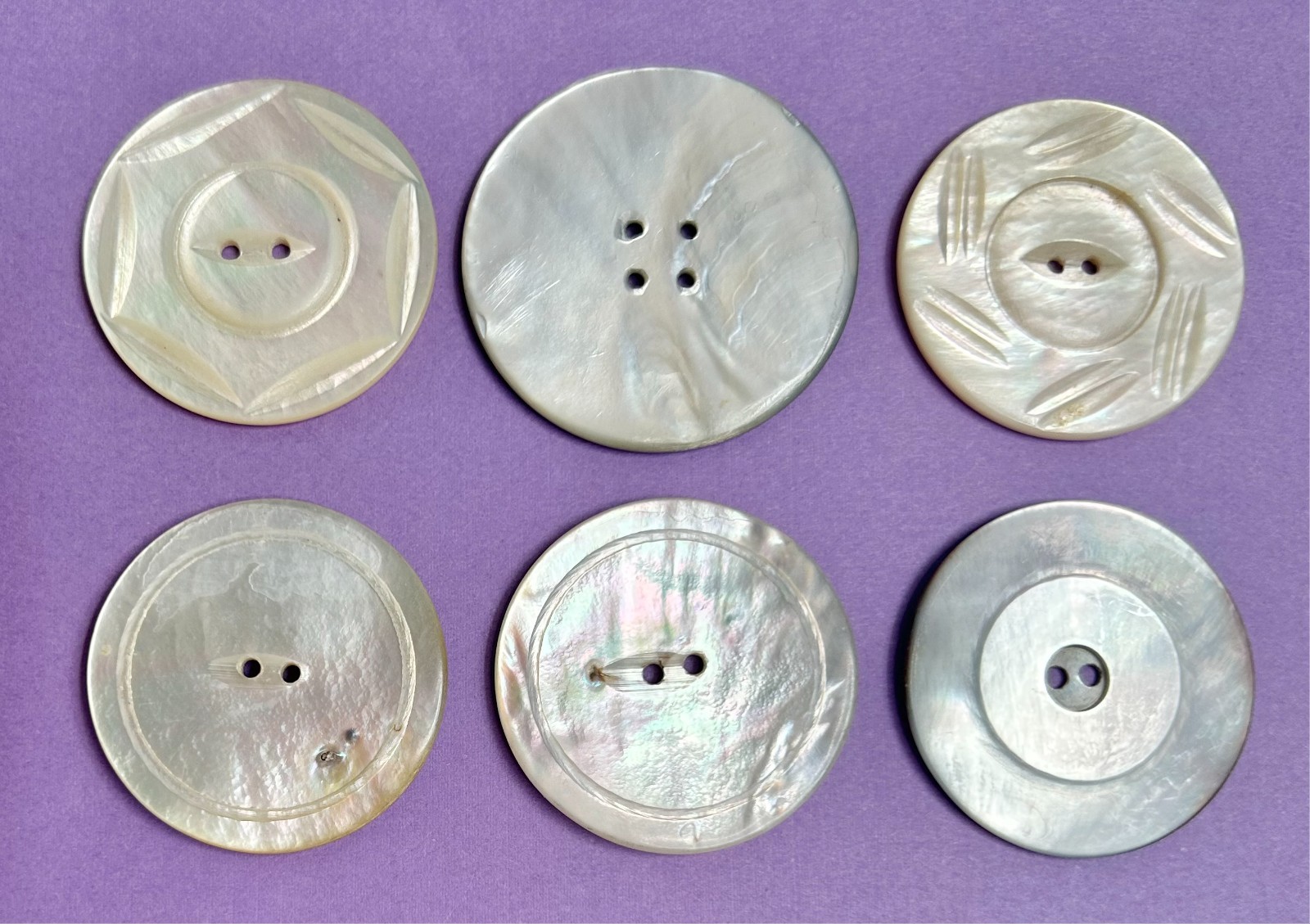 6 Different Vintage Extra Large Lustrous White Mother of Pearl Buttons