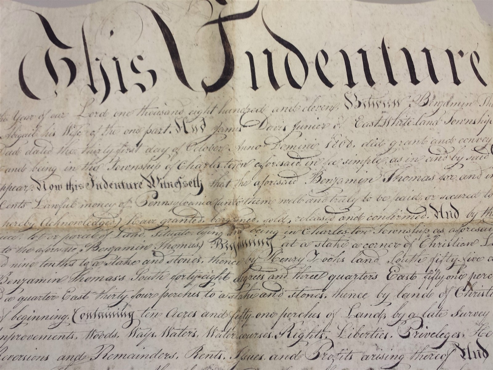 1807 antique VELLUM DEED charleston chester county pa BENJ THOMAS to JAMES DAVIS