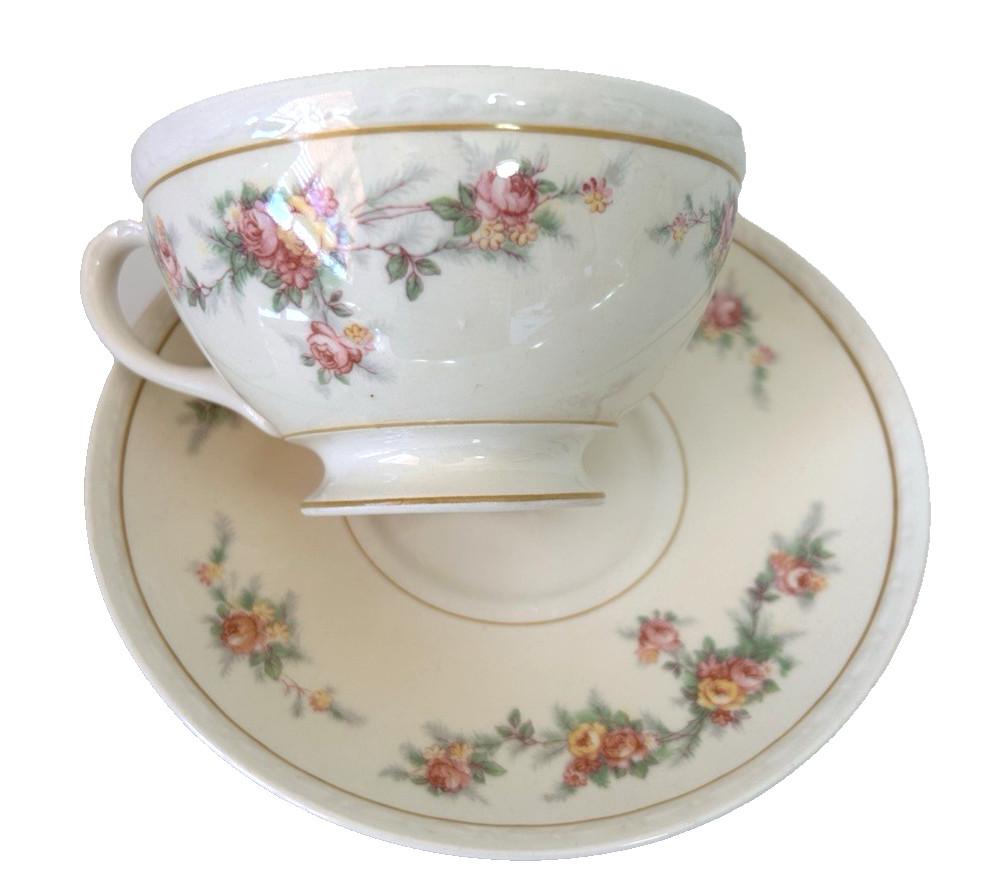 1946 Homer Laughlin Eggshell Georgian Rose Teacup Saucer Set 12pc USA Vtg