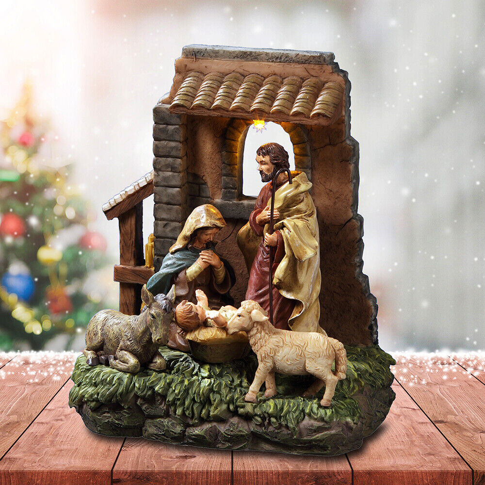 San Francisco Music Box Holy Family in Stable Window Musical Nativity Figurine