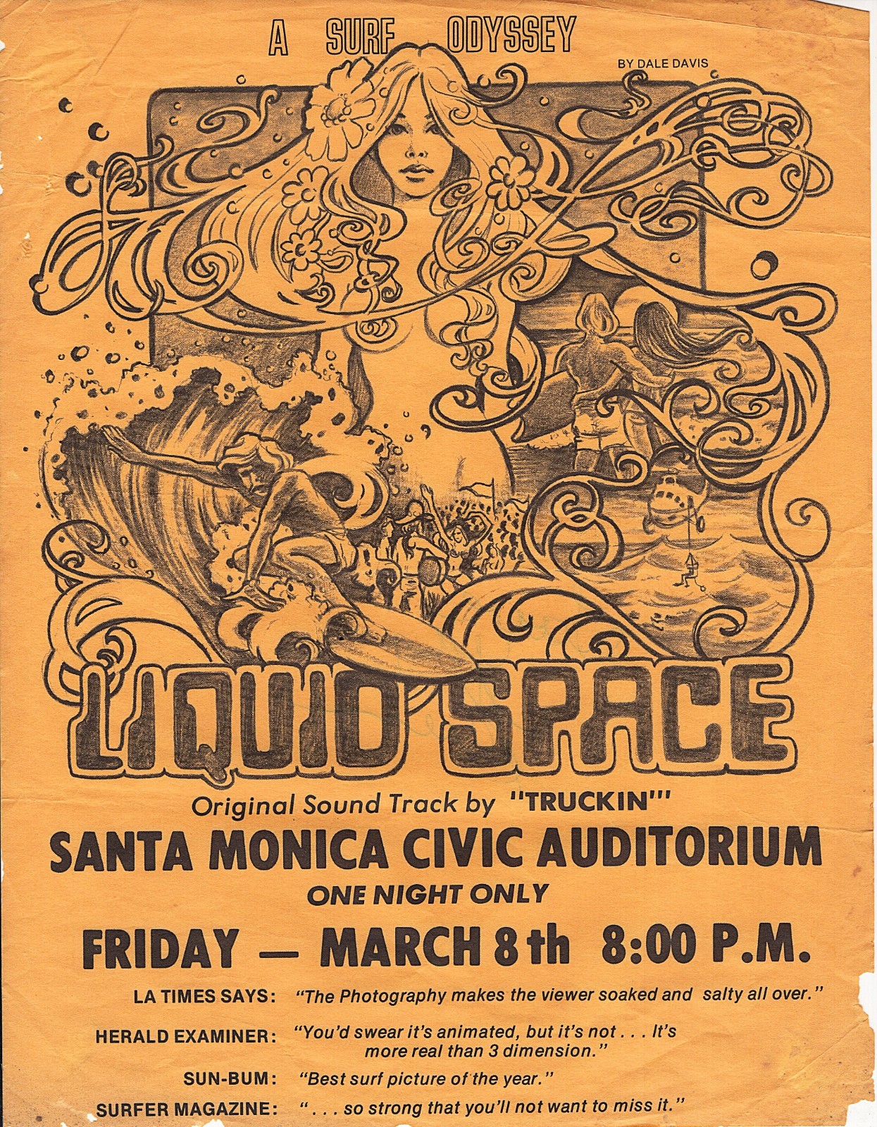 1973 Handbill Flyer LIQUID SPACE Surfing ODYSSEY Documentary Santa Monica Civic