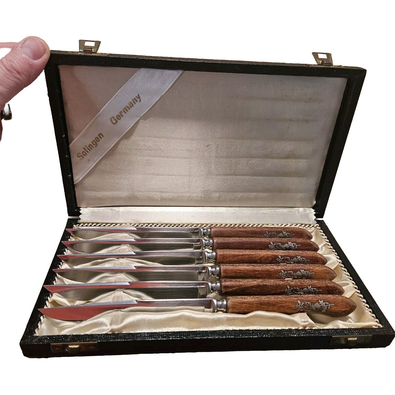 Vintage Set of 5 Solingen Steak Knives Germany Jordan Marsh Stainless w Case