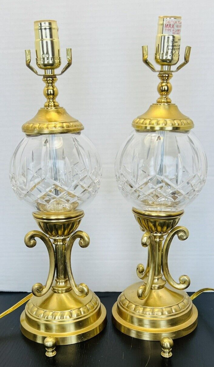 Pair Waterford Lismore Versailles Cut Crystal Brass Footed Table Lamps Vintage