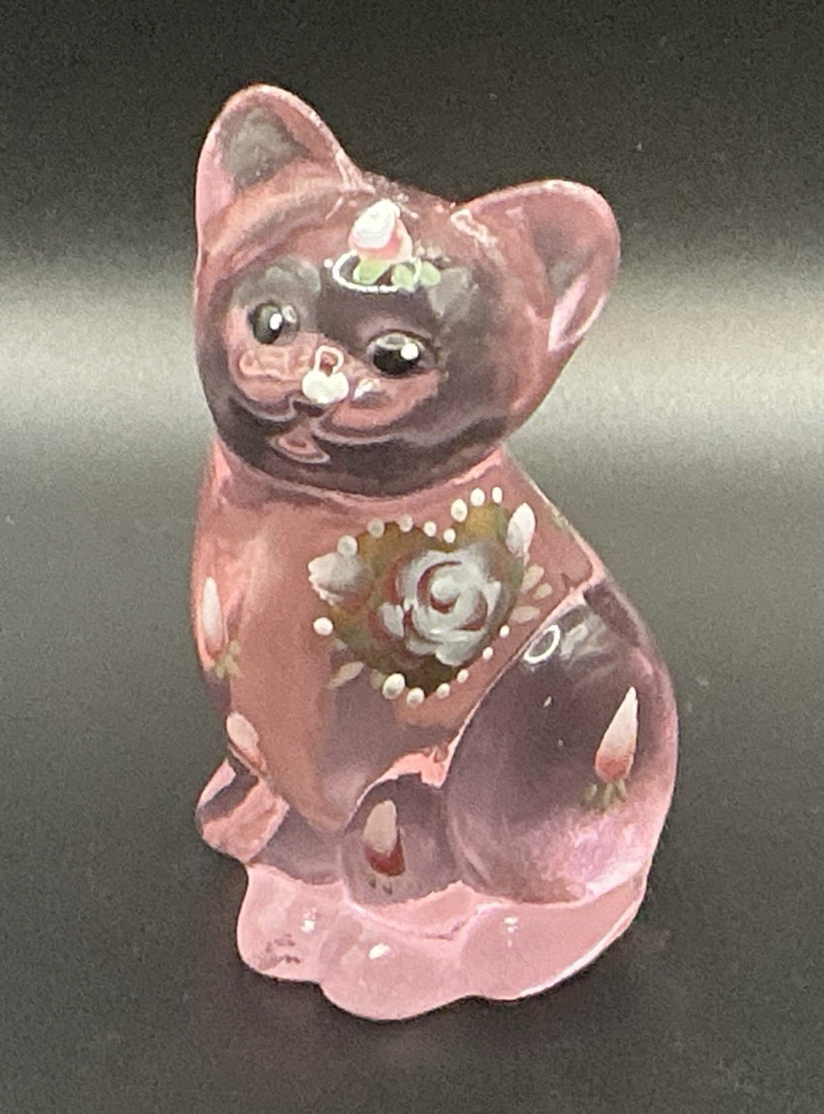Fenton Glass Pink Cat Figurine “Smiles For You” Hand Painted, Signed, Label Fenton Glass Pink Cat Figurine “Smiles For You” Hand Painted, Signed, Label