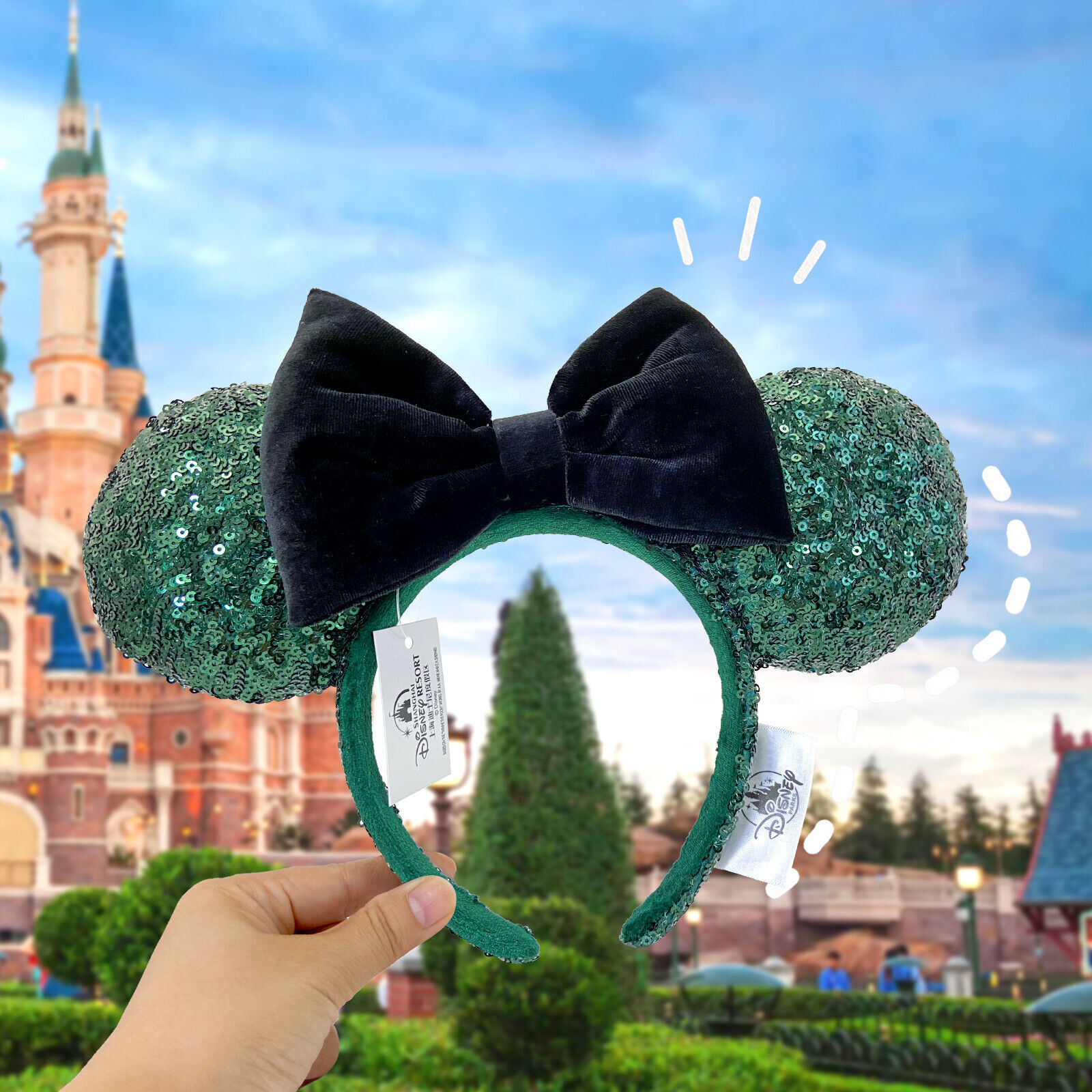 Sequins Bow Minnie Ears Mickey Mouse DisneyParks Ears Champagne Green Headband