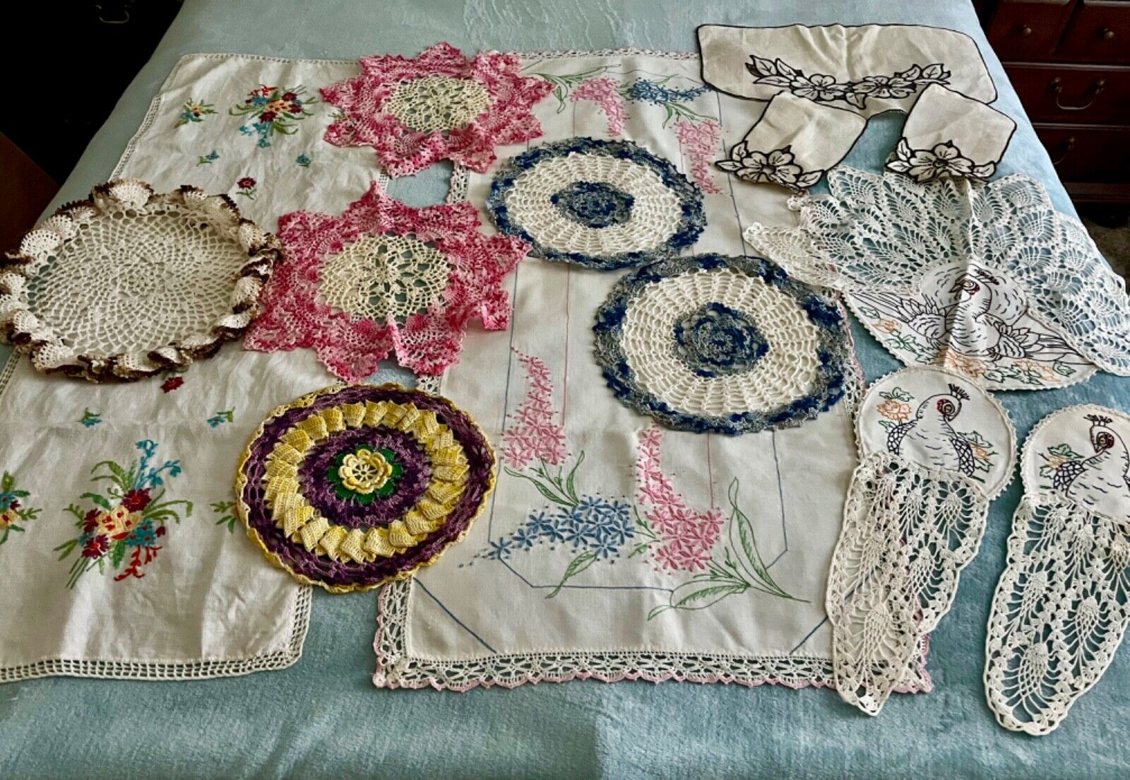 Mixed Lot of 14 Vintage Hand Crocheted Doilies, Hand Embroidered Dresser Scarves