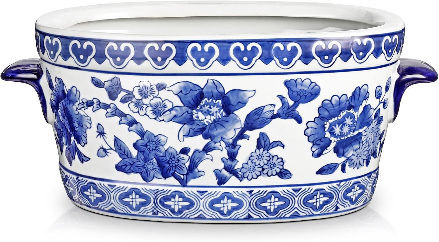 Blue and White Ceramic Planter Pot - Vintage Floral Oval Cachepot Vase for Indoo