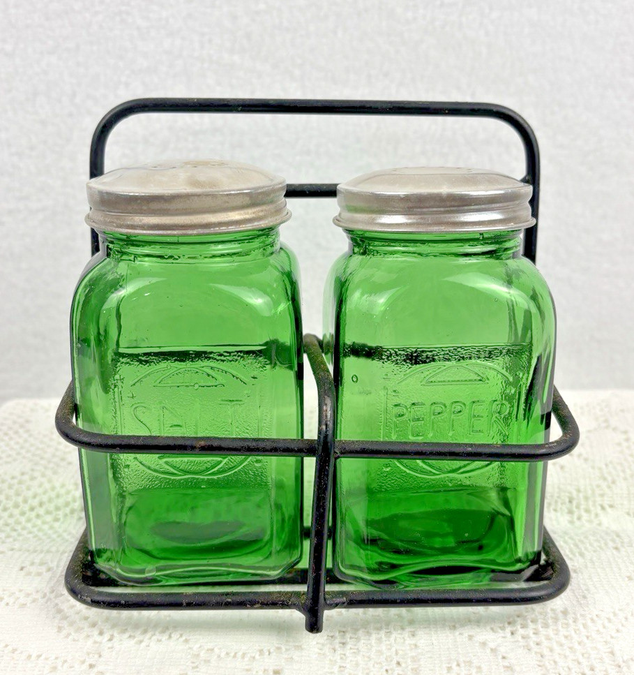 Vtg Salt & Pepper Shakers Green Embossed Glass Lids & Rack Stand Farmhouse