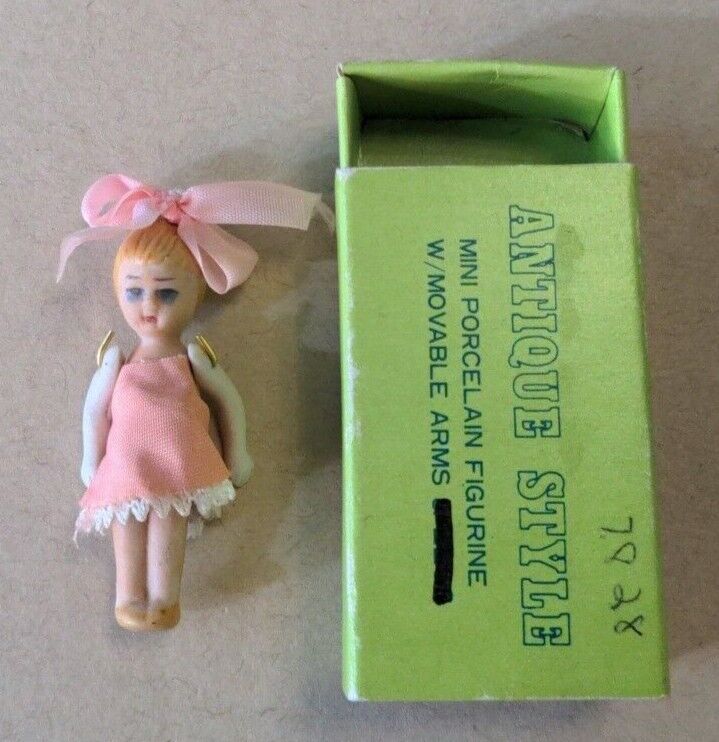 Vintage Miniature Porcelain Bisque Wired Doll Figure with Removable Arms, Pink .