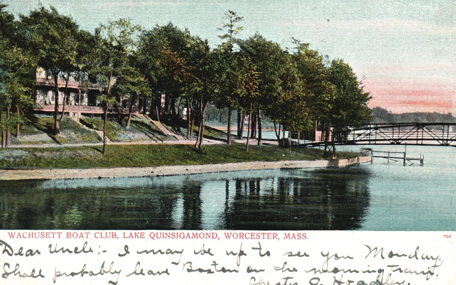 Vintage Postcard 1907 Wachusett Boat Club Lake Quinsigamond Worcester Mass. MA