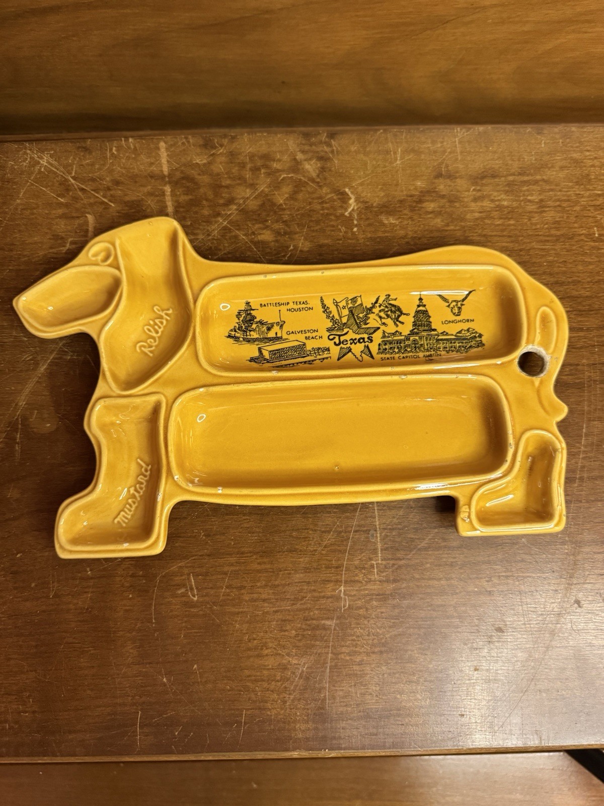Vtg 70s Kitsch Ceramic Dachshund Hot Dog Plate Mustard Relish Brown Japan