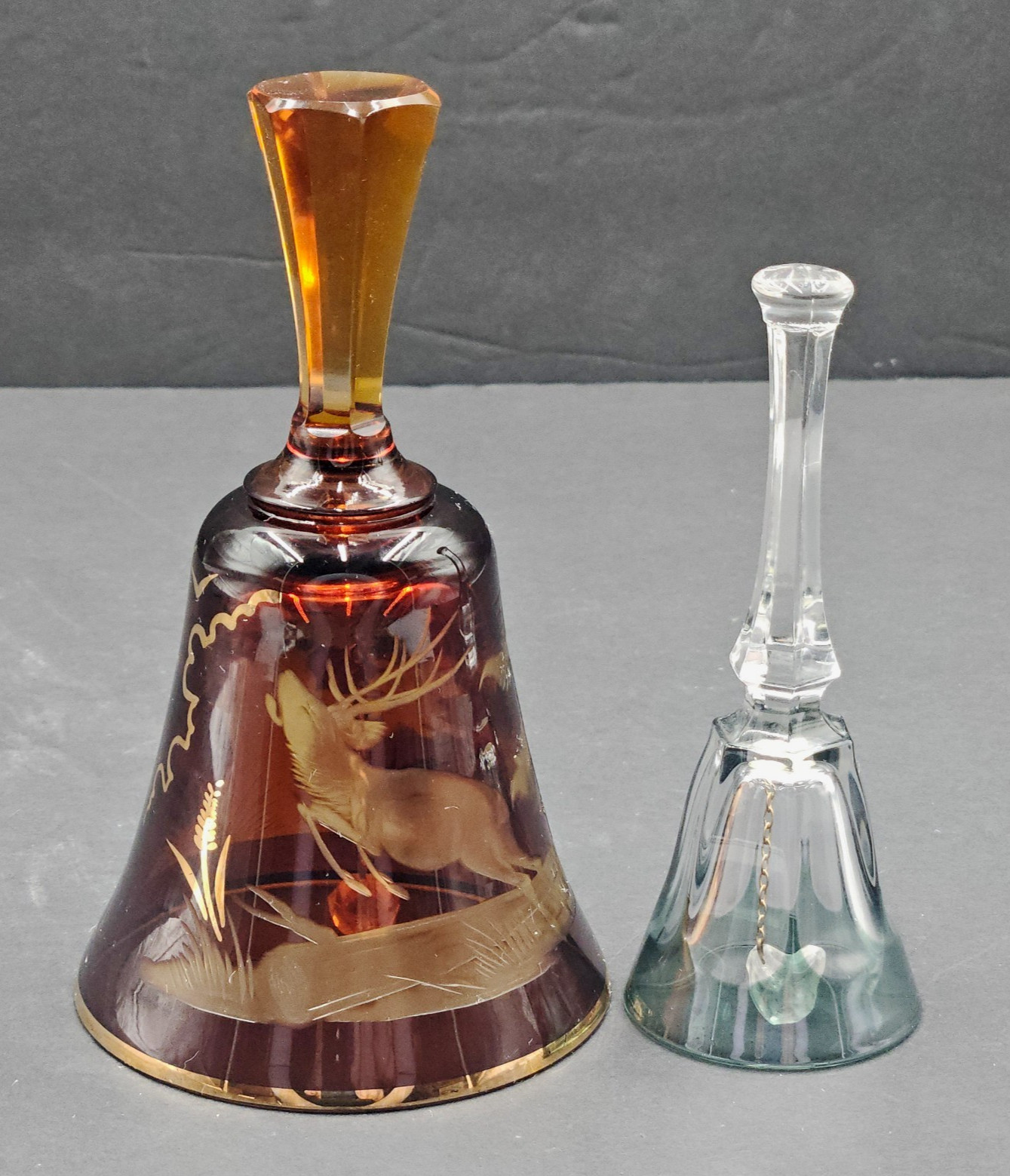 Glass Bells Lot of Two Amber Etched and Clear and Green