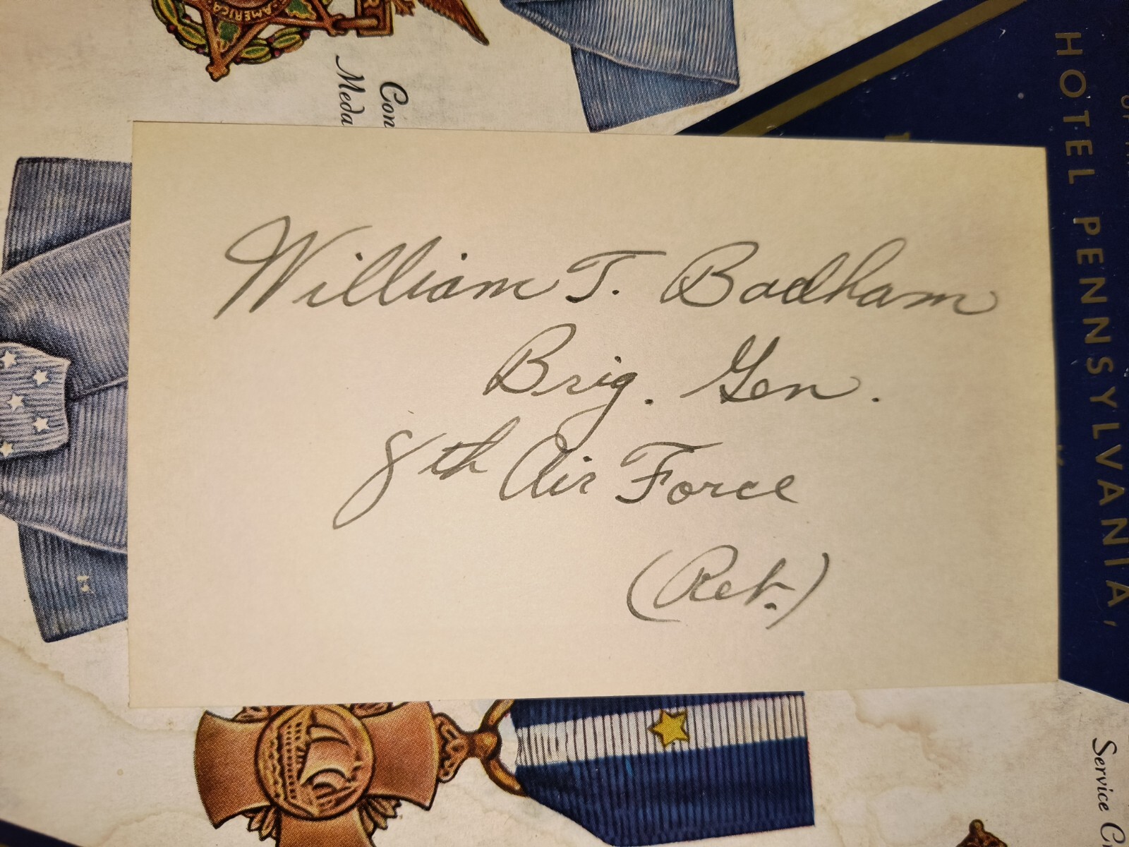 WWI Ace BG WILLIAM T. BADHAM, USAS/Aeronautique Militaire 5Vs Signed 3x5 SCARCE