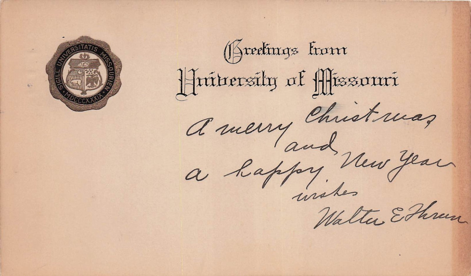 University of Missouri Seal Christmas Card Walter Eugene Thrun Vtg Postcard I40