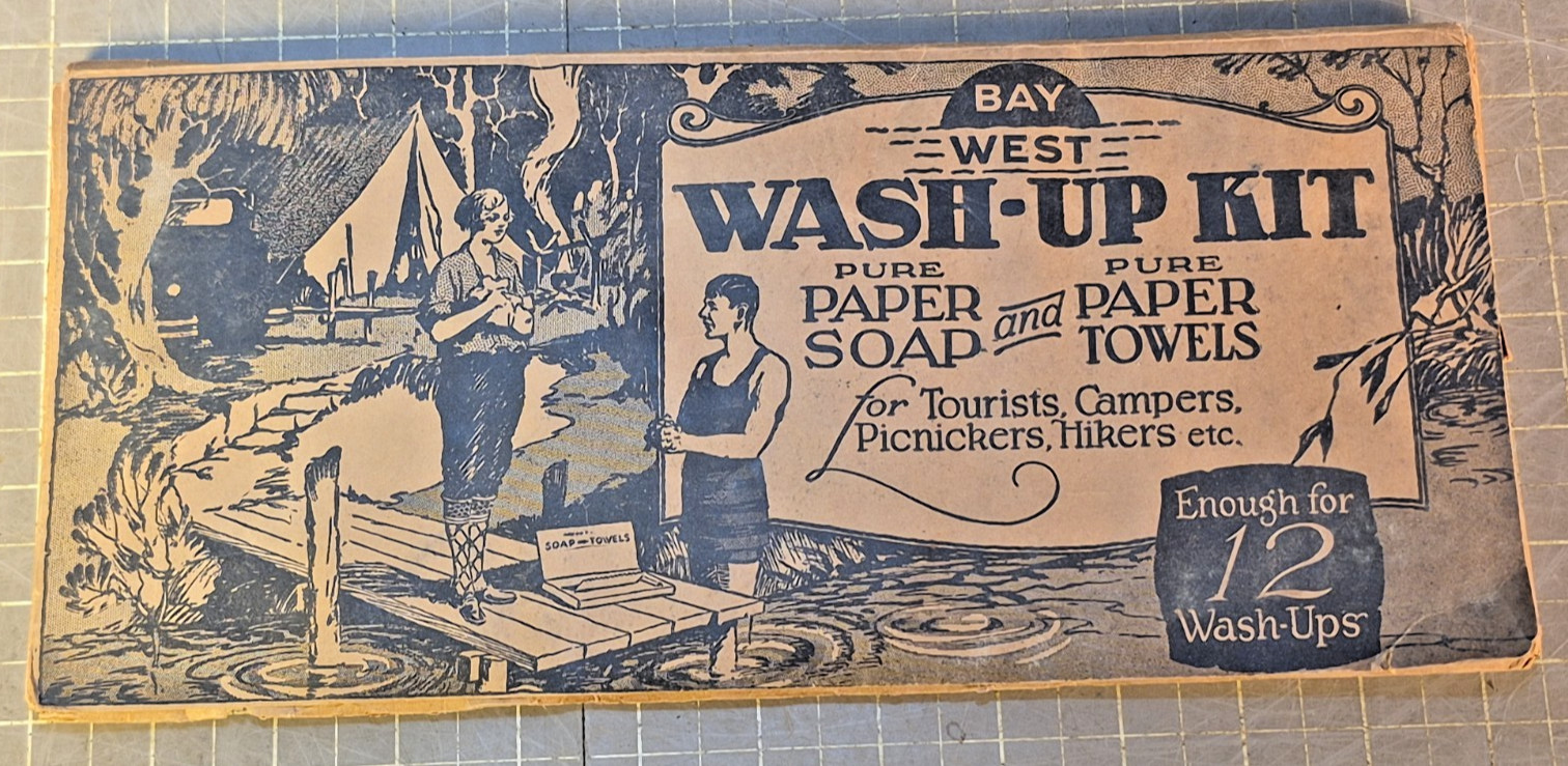 1920s Bay West Antique Wash-Up Kit Soap And Paper Towels For Travelers Campers d