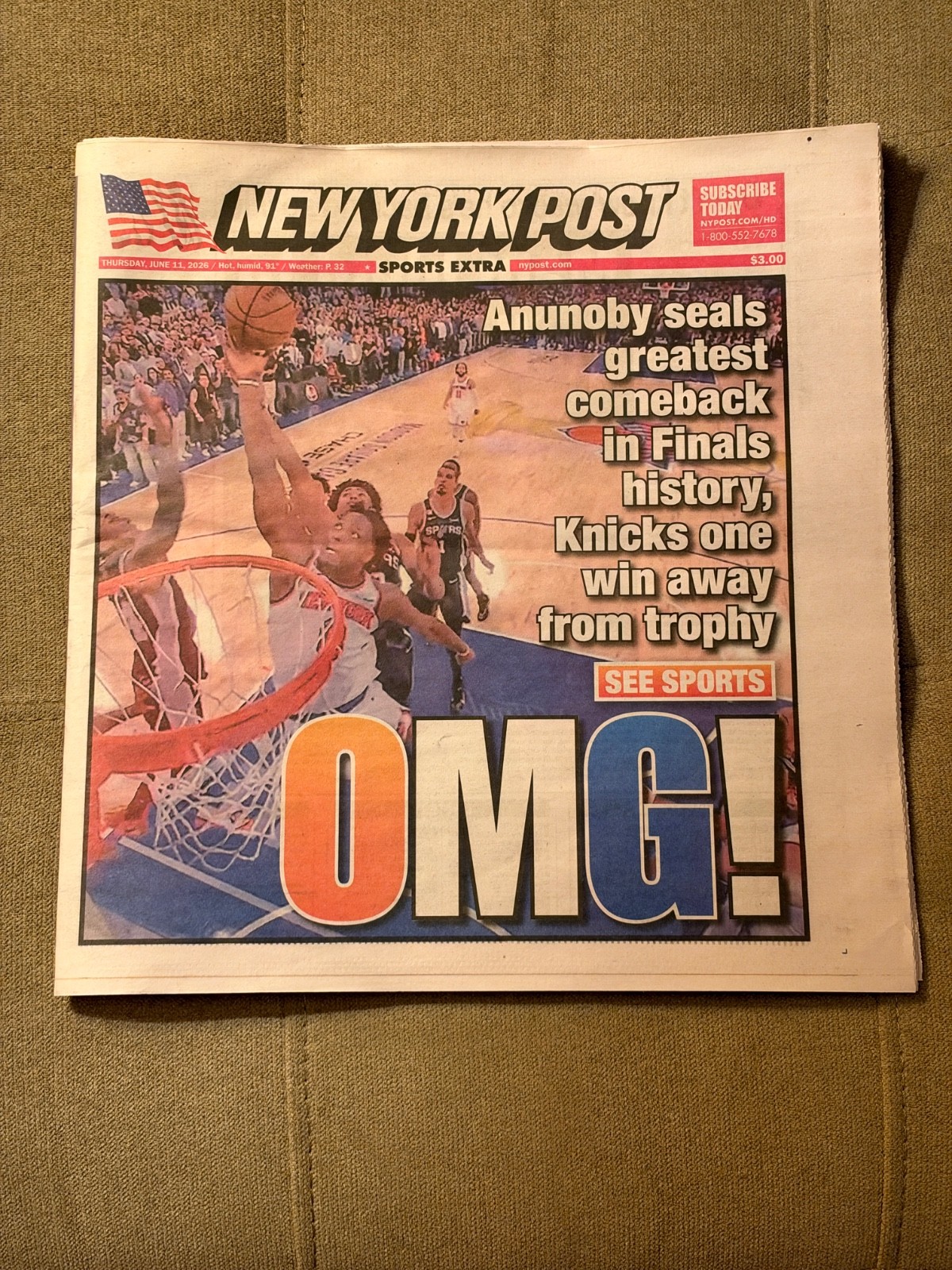 NEW YORK POST KNICKS OMG OG TIP NBA FINALS GAME 4 NEWSPAPER