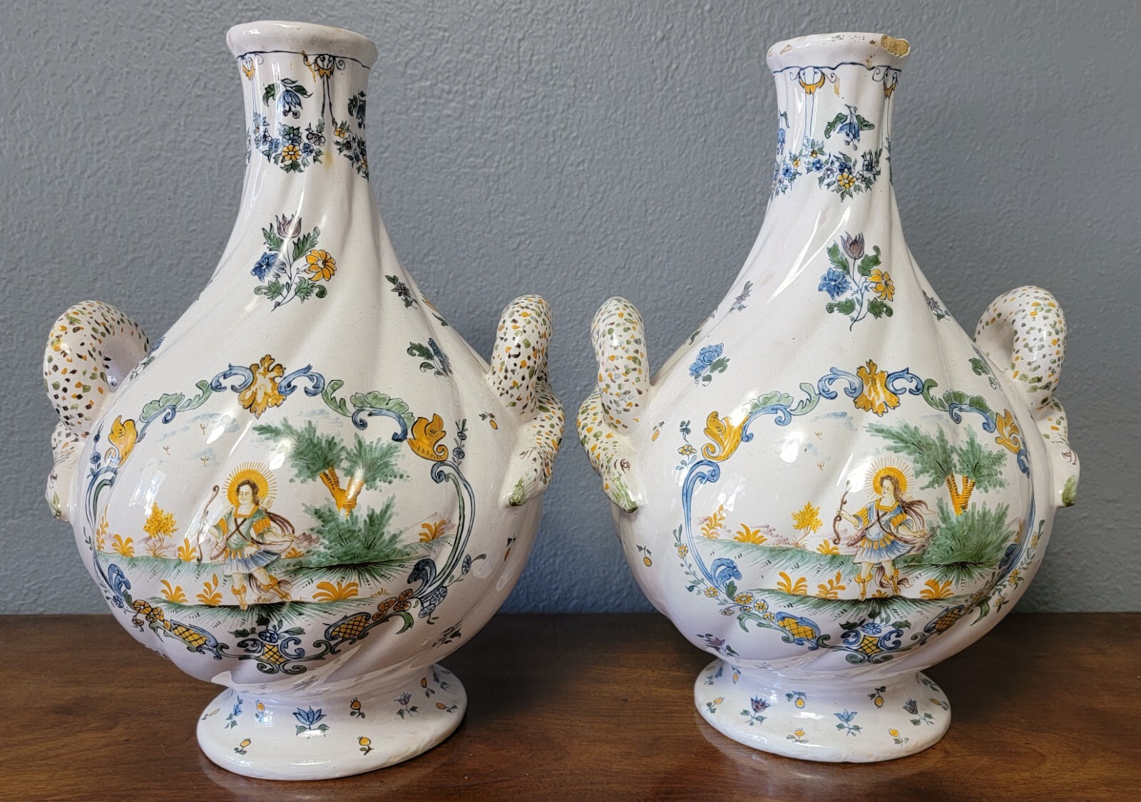 Pair Antique Olerys Laugiers Urn Vases Moustiers French Faience 18th Century WOW