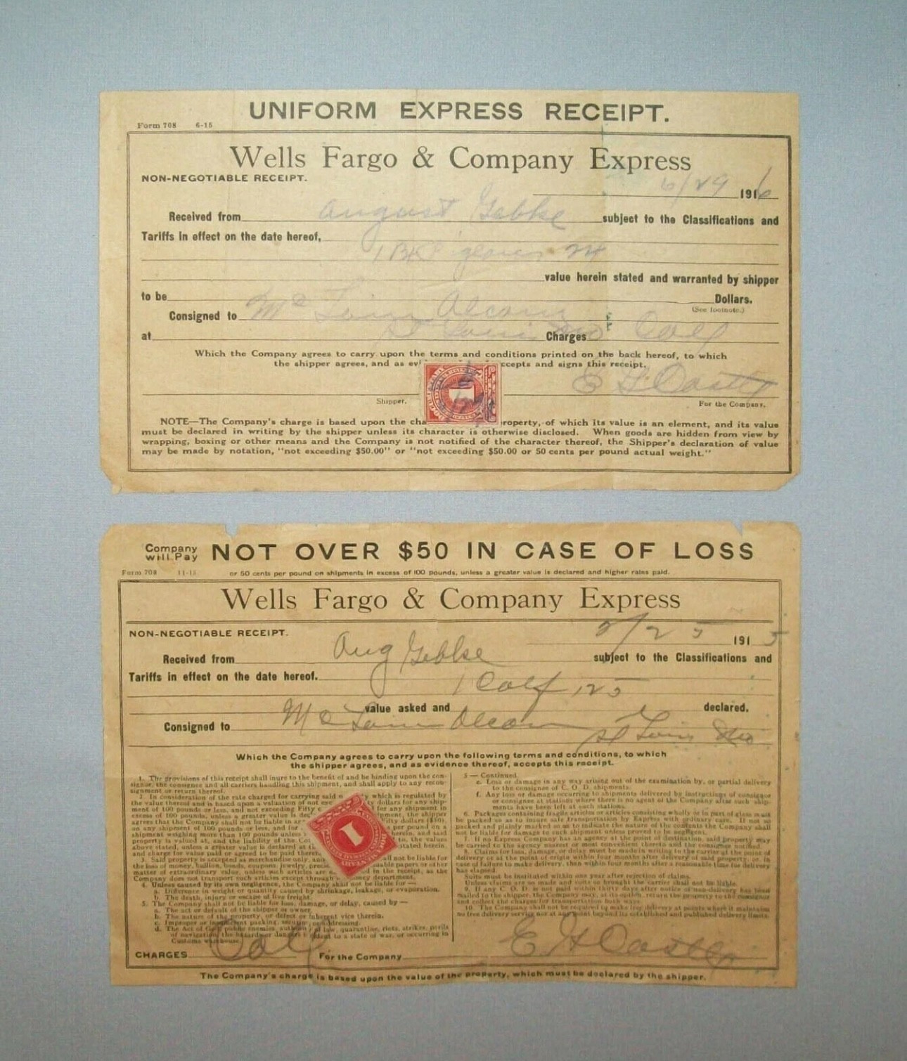 Old Antique Vtg Two Original Wells Farge Express Receipts 1915 1916 Very Nice