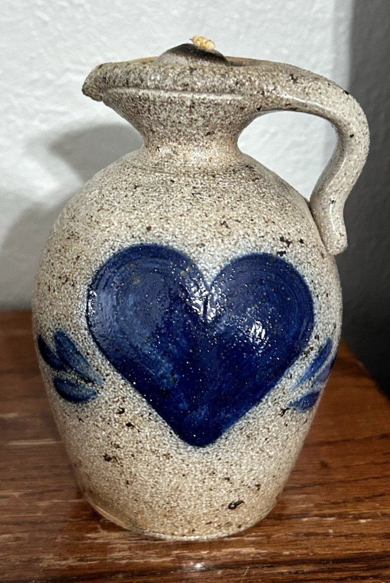 Vtg Rowe Pottery Works Salt-glazed Pottery Oil Jug/Lamp Heart Design w/Stopper