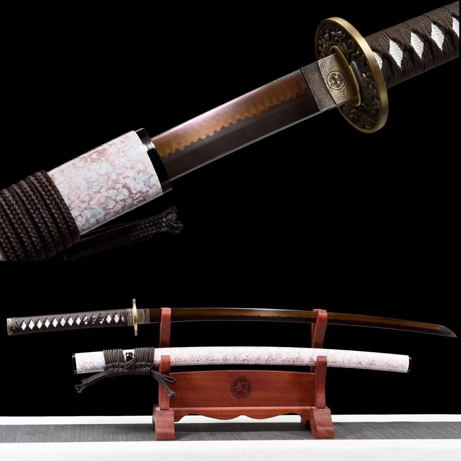 Handmade Black Red blade Clay Tempered T10 Steel Japanese Samurai Katana Sword