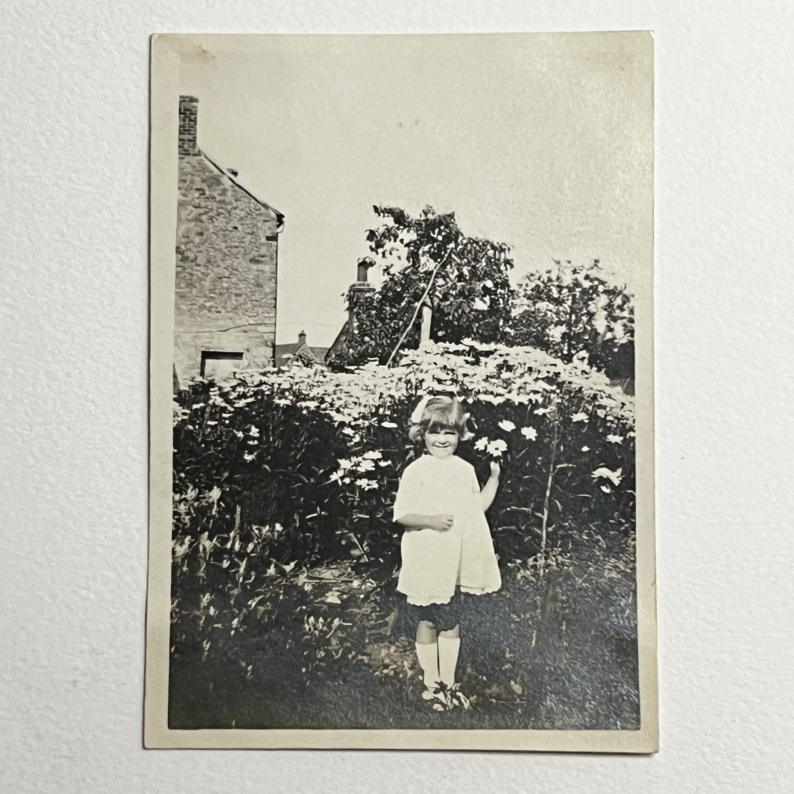 Antique Vintage Snapshot Photograph Adorable Little Girl Field Flowers Outside