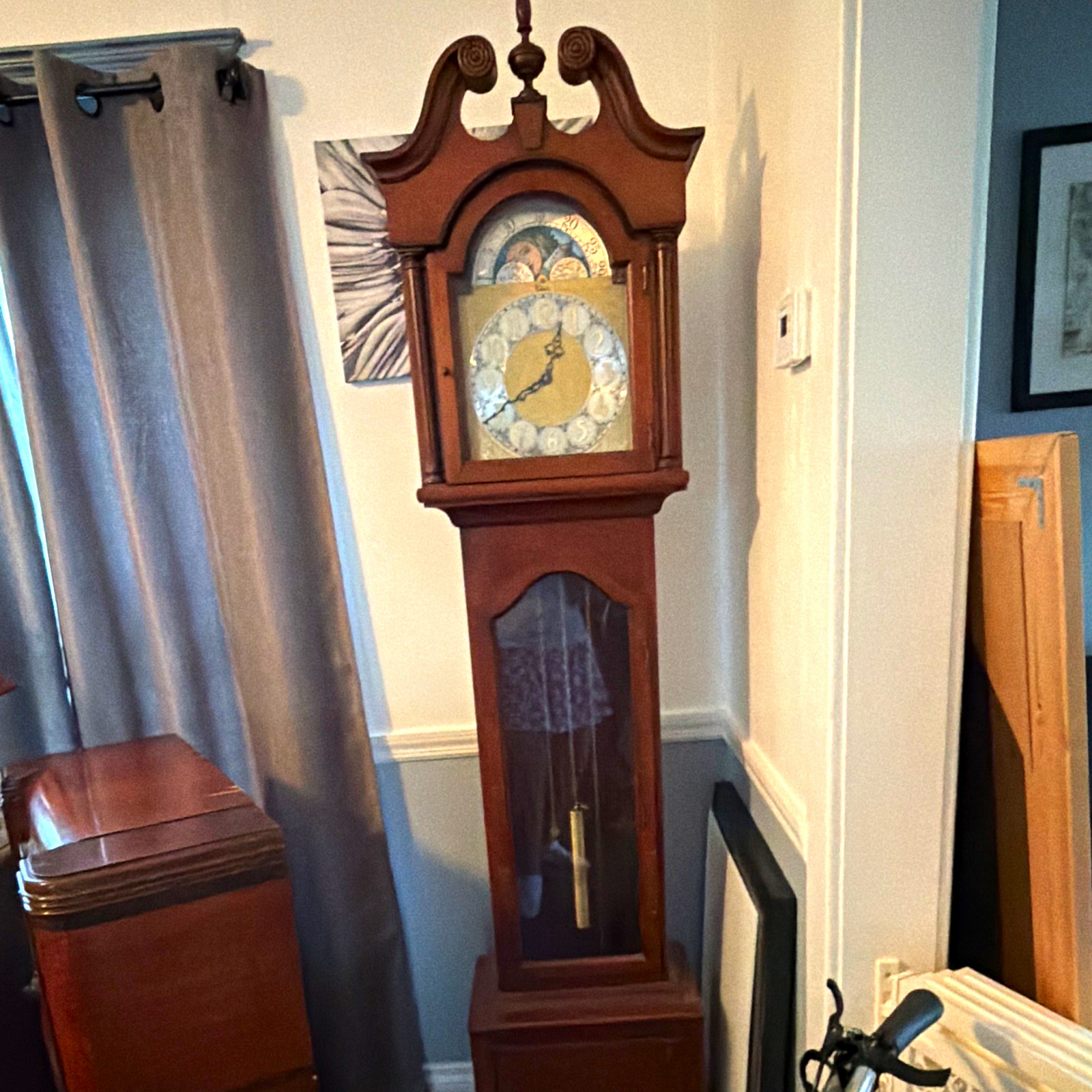 Colonial Longcase Grandfather Clock Wood & Glass Brown Analog Arabic Pendulum