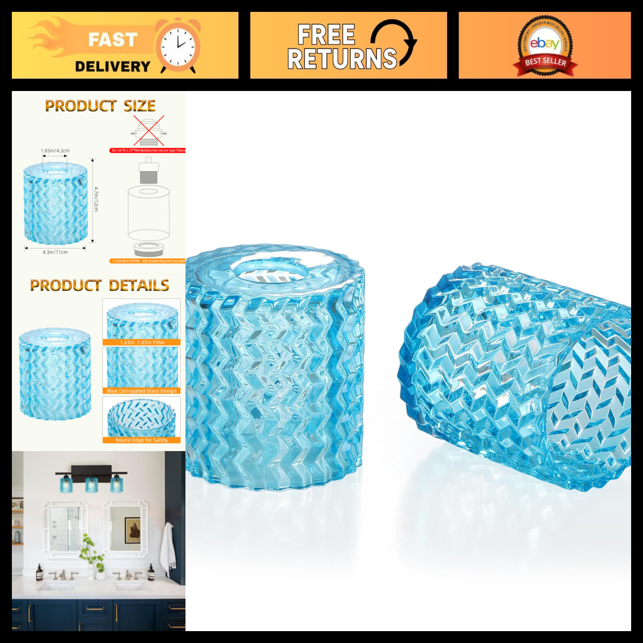 Blue Wave Glass Lamp Shade, 1 Pack, 1-5/8\